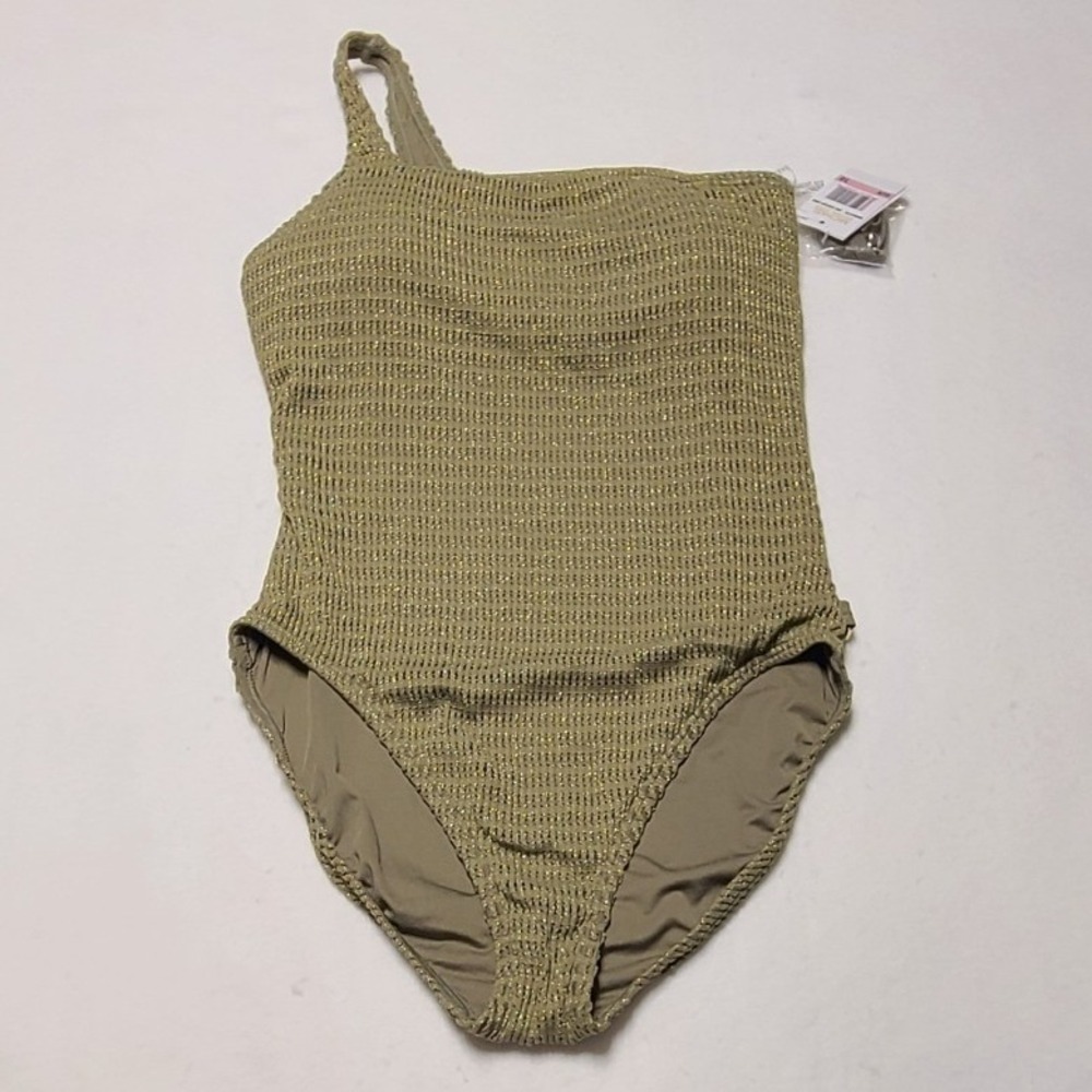 Michael Kors One Shoulder Swimsuit Safari Green Metallic Textured Size 10
